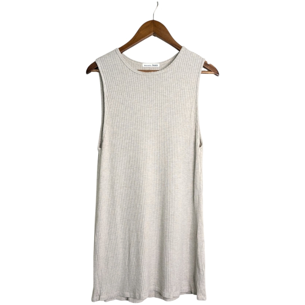 Reformation Roe Mini Ribbed Dress Womens Large Marble Beige High Neck Sleeveless